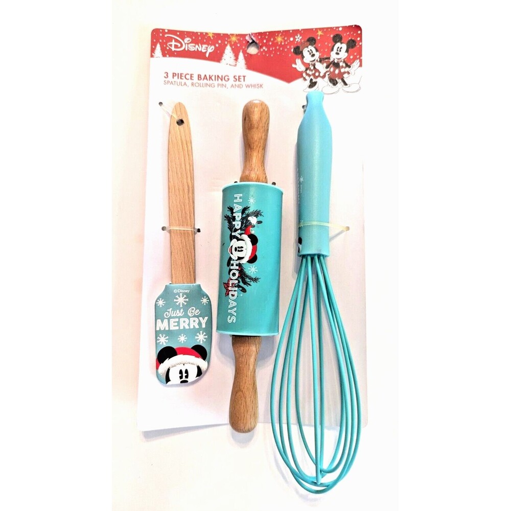 Mickey Mouse Just Be Merry 3-pc Utensil Set Blue Spatula Rolling Pin Whisk NEW